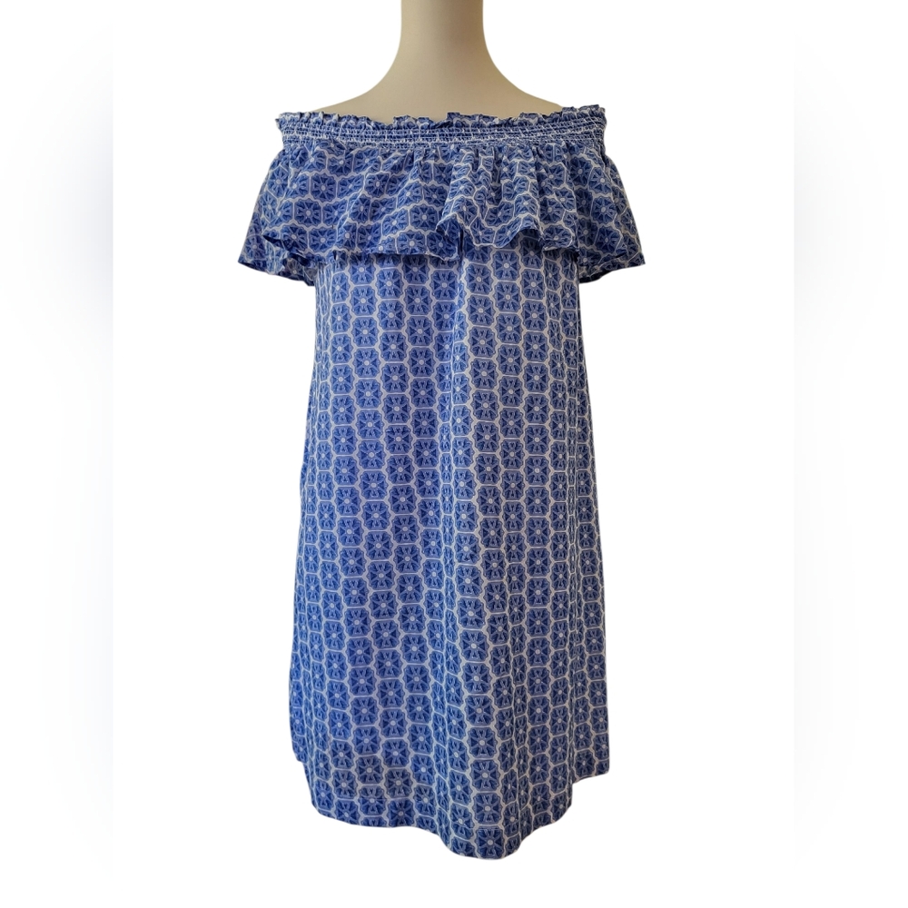 💕Vineyard Vines Watercolor Geo Off the Shoulder Ruffle Dress Newport Blue‎ M